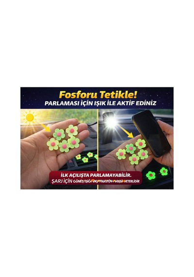 Karanlıkta Parlayan Çiçek Klima Süsü 5 Li Set Fosforlu Araç Havalandırma Klipsi, Oto Aksesuar Dekor