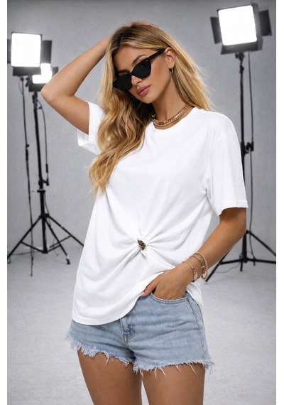 Ribana Kadın Bisiklet Yaka Kısa Kollu Gold Yan Toka Detaylı T-shirt 5035 Beyaz