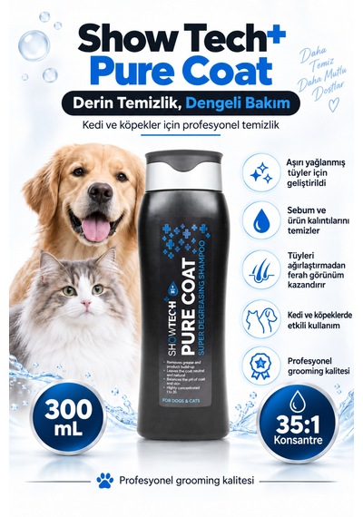 Showtech Pure Coat Yağ Giderici Kedi Köpek Şampuanı 300 Ml - 35:1 Konsantre İle Arındırıcı Şampuan