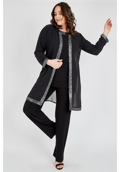 Ladies First Ladıes Fırst Büyük Beden 3552 Siyah Gümüş Ceket+Bluz+Pantolon