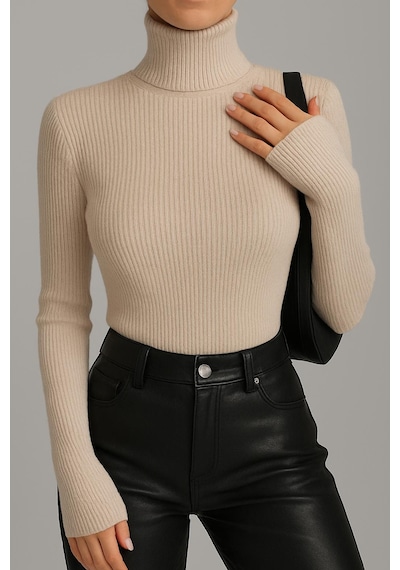 Catspy Unisex Premium Pamuklu Balıkçı Yaka Kaşkorse Şardonlu Slimfit Boğazlı Kazak Bej