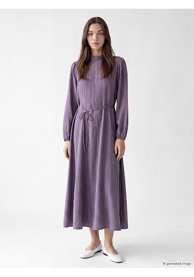 Lcw Modest Lila Dik Yaka Kuşaklı Modal Karışımlı Elbise