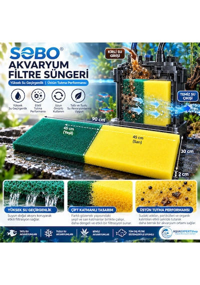 Akvaryum Filtre Süngeri - 90x30x2 Cm - Çift Renk - Yüksek Su Geçirgenlik - Üstün Tutucu Yapı - Yeşil Sarı