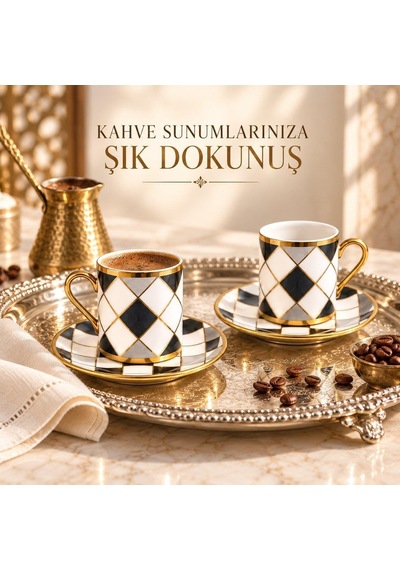 Tr 6 Kişilik 12 Parça Türk Kahvesi Fincan Seti Gold Kulplu Siyah Beyaz Baklava Desen K654-c Diğer