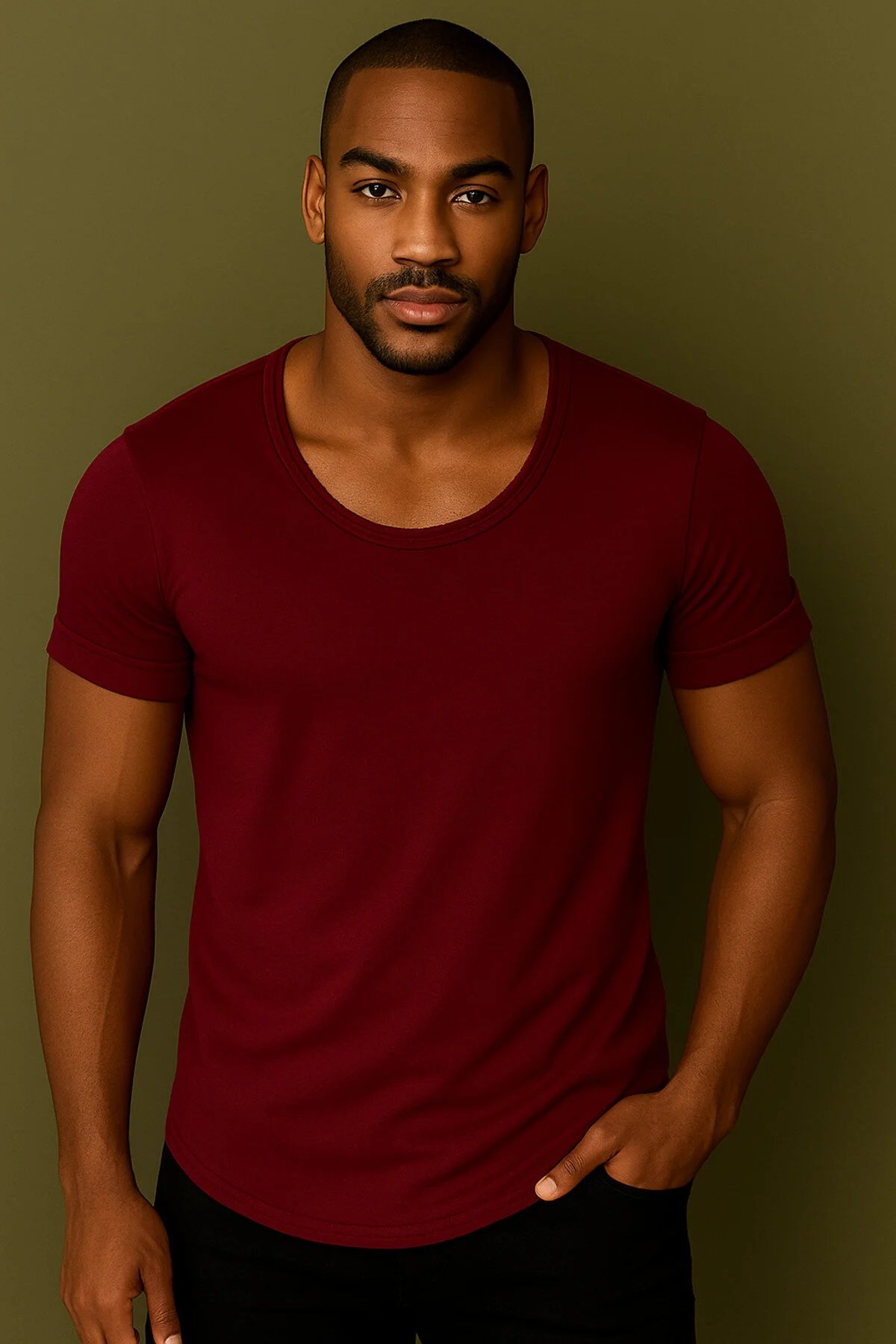 Premium Kalite Erkek Bordo Geniş Yaka Tam Likralı Alt Oval Slim Kesim Tişört T-shirt Bordo