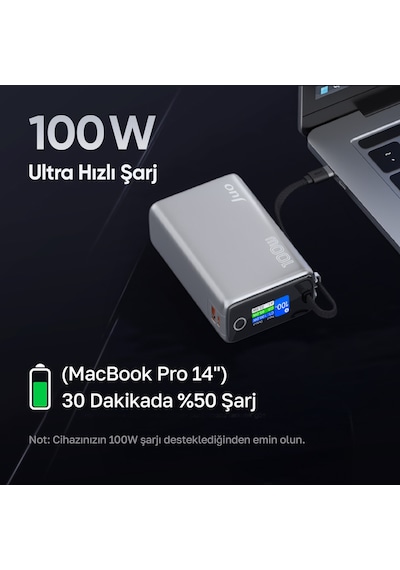 Juo 25000mah 100w Led Ekranlı Type-c Kablolu Powerbank Usb-a + Usb-c Apple Uyumlu Macbook Notebook Telefon Taşınabilir Pd Hızlı Şarj Cihazı Gri