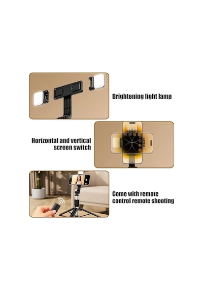 Apple Uyumlu iPhone  12 Pro Max  R1s-l Mini Led Fill Light Tripod Selfie Stick 3 İn 1