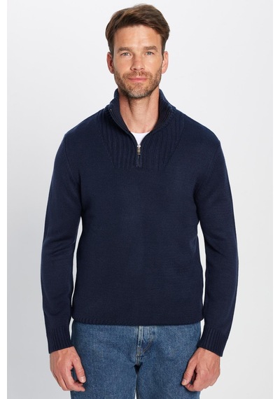 Tudors Erkek Slim Fit Dar Kesim Armürlü Fermuarlı Lacivert Dik Yaka Kazak-31396 Koyu Lacivert