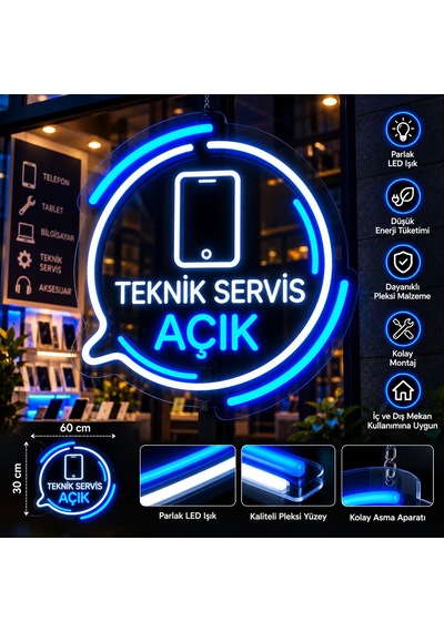 Neon Led Teknik Servis Açık Tabela Telefon Tablet Bilgisayar Tamir Servisi Işıklı Pleksi Tabela