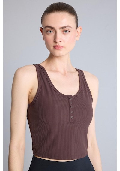 Defacto Esnek Kumaş Crop Top Düğmeli Yaka Sporcu Kahverengi Atlet H1218ax26hsbn130 Kahve-bn130