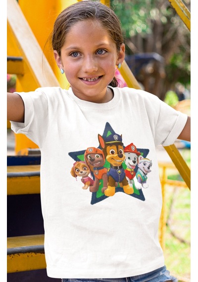 Sevbano Paw Petrol Baskılı Unisex Çizgi Film Çocuk Tişört 1-12 Yaş Beyaz