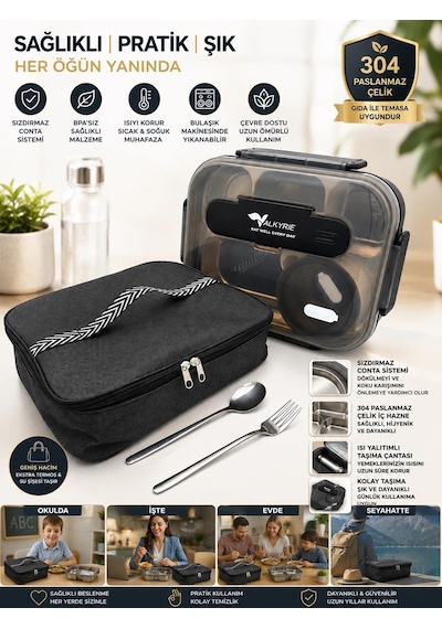 Valkyrie 304 Paslanmaz Çelik Lunch Box 2400 Ml Termal Taşıma Çantalı 5 Bölmeli Sızdırmaz Yemek Kabı Çatal Kaşık Dahil Siyah