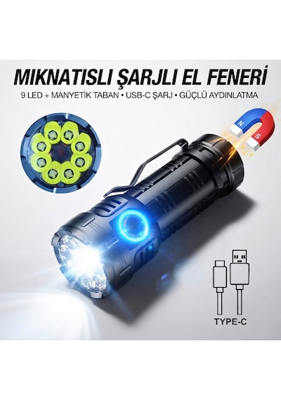 8+1 Led Şarjlı Çantalı Cree Q8 + Xpg Led Mıknatıslı El Feneri 7 Modlu Watton 623 Siyah