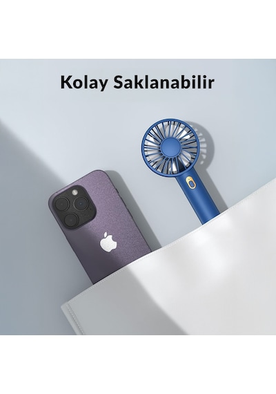 Warmco K30 Taşınabilir Şarjlı Mini El Vantilatörü 1800mah 3 Kademeli Standlı Soğutucu Fan Lacivert