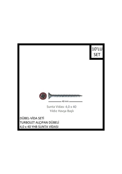 Dübel-vida Seti, Turbolet Alçıpan Dübeli, 4,0x40 Yhb Sunta Vidası, 10 Adet