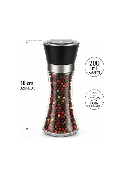 Seramik Öğütücülü 5 Kademe Ayarlı Cam Tuz Karabiber Değirmeni Plastik Kapak 200 Ml Şeffaf 18 Cm Renksiz/şeffaf