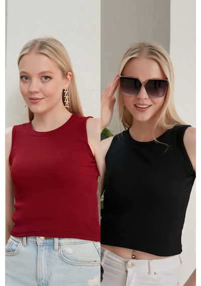 Catspy Kadın Halter Yaka 2'li Crop Bluz Atlet Bordo - Siyah