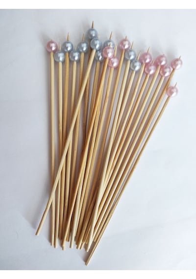 15 Cm Uzun Kürdan - 20 Adet Pembe Mavi Yuvarlak İnci Boncuklu Kokteyl Karıştırıcı -inci 8 Mm