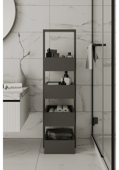 Multi Çok Amaçlı Banyo Rafı, Sepetli Çok Amaçlı Raf, 4 Raflı 120 Cm, Antrasit Antrasit