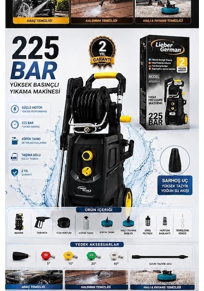 Lieber German Ats225-1 Prof. 225 Bar Elektrikli Yüksek Basınçlı Yıkama Makinesi İndiksyon Motor