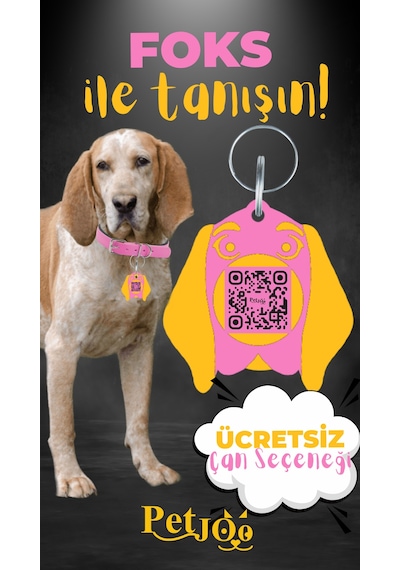 Petjoo 29.Foks Sarı-Pembe Qr'lı Köpek Künyesi
