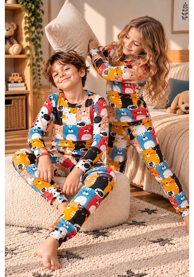 Free Beka Sevimli Desenli Bisiklet Yaka %100 Pamuklu İnterlok Kumaş Kız Ve Erkek Çocuk Uzun Kollu Pijama Takımı Çok Renkli