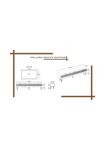 Melura Tv Ünitesi - Tv Sehpası 200 Cm %100 Mdf Lake Ahşap Ayaklı Gri