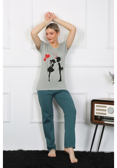 Akbeniz Kadın Kısa Kol Penye Pijama Takımı 4210-su Yeşili Su Yeşili