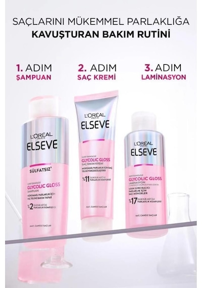 Elseve Glycolic Gloss Mükemmel Parlaklık 3'lü Saç Bakım Seti: Şampuan , Saç Kremi, Laminasyon Bakım
