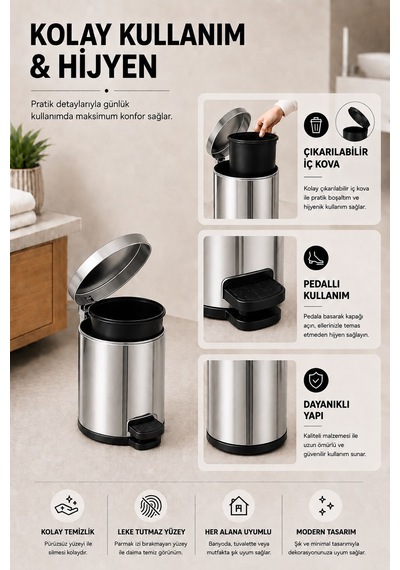 Sas Haus Pedallı Çöp Kovası 3 Litre İç Kovalı Kapaklı Banyo Çöp Kutusu Krom - Elit 7003