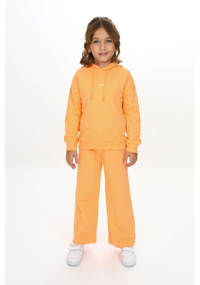 Toontoy Kids Toontoy Kız Çocuk Kapüşonlu Kol Çiçek Baskılı Eşofman Takım Turuncu