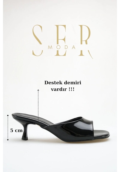 Sermoda Topuklu Kadın Terlik - 5 Cm İnce Topuklu Küt Burun Kadın Terlik Rugan Siyah