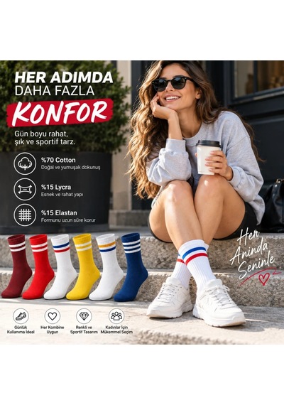 Storeşahin Unisex Renkli Çorap Çizgili 6'lı Set Uzun Soket Günlük Spor Kolej Stil Rahat Şık Kadın Erkek Çorabı Shn0720 Çok  Renkli