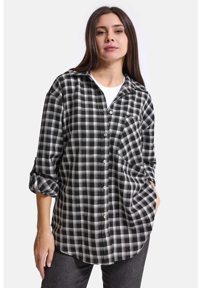 Kadın Ekose W6-67 Oversize Gömlek Siyah