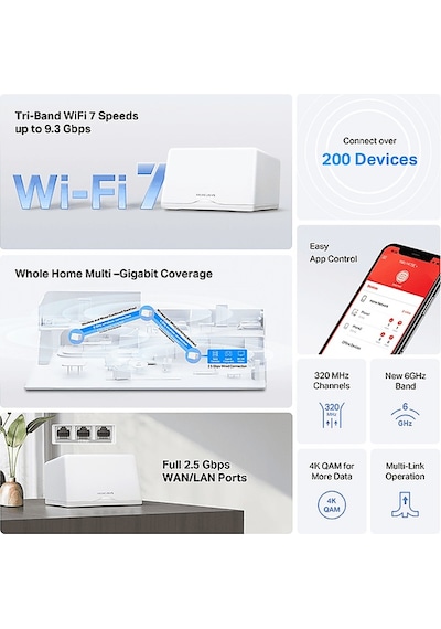 Mercusys Halo H47BE 2-Pack BE9300 3x 2.5 Gbps Portu 550 M²'ye Kadar Kapsama Wi-Fi 7 Mesh Sistemi