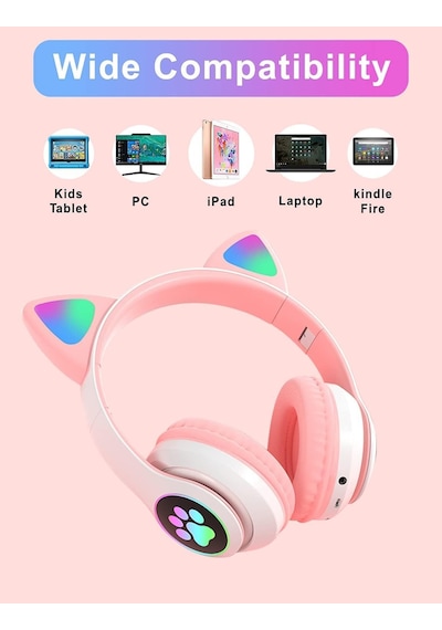 Led Işıklı Kedi Kulaklı Kablosuz Bluetooth Kulaklık Çocuklar İçin Katlanabilir, Derin Baslı Hifi Stereo, Tf Kart Ve Aux Girişli, Kız/erkek Uyumlu