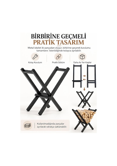 Metal Şömine Odunluk Siyah Dekoratif Soba Yanı Kütük Odun Standı Odun Saklama Rafı
