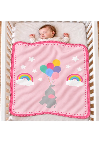 Uçan Fil Ve Gökkuşağı Serisi Çoban Dikişli %100 Polar Bebek Battaniyesi 80x100 CM Oeko-tex Açık Pembe
