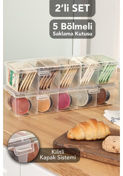 2'li 5 Bölmeli Şeffaf Saklama Kutusu - Mutfak Banyo Organizer Düzenleyici Çok Amaçlı Kutu Şeffaf