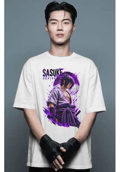 Unisex Oversize Sasuke Uchiha Naruto Anime Karakter Ön Baskılı Pr Beyaz