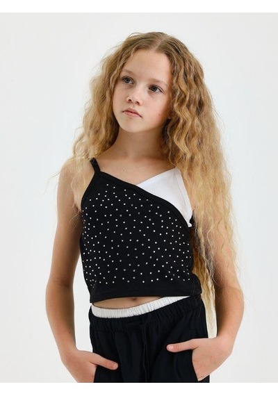 Kız Çocuk Taşlı Askılı Crop Bluz-15567 Siyah