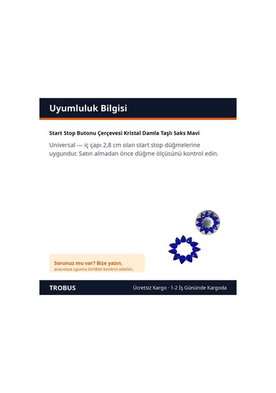 Trobus Start Stop Butonu Çerçevesi Kristal Damla Taşlı Saks Mavi