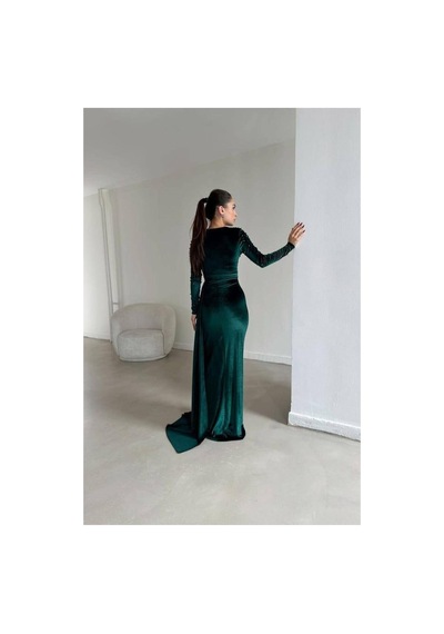 Lior Design Kadın İnce İşçilik Esnek Kadife Kumaş Kruvaze Yaka Kuyruklu Abiye Elbise Zümrüt Lior Design Kadın İnce İşçilik Esnek Kadife Kumaş Kruvaze Yaka Kuyruklu Abiye Elbise Zümrüt