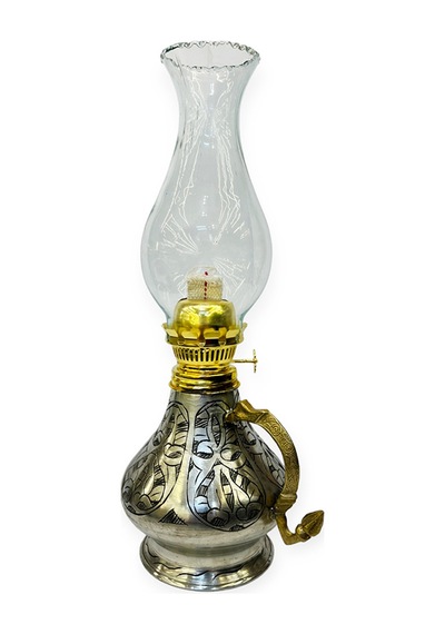 İşlemeli Bakır Gaz Lambası Büyük Boy, G10084 Gri