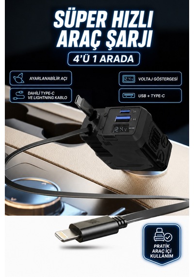 Süper Hızlı Araç Şarjı - Usb Type-c Çıkışlı Voltaj Göstergeli Geri Çekilebilir Kablolu Araç Şarj Cihazı