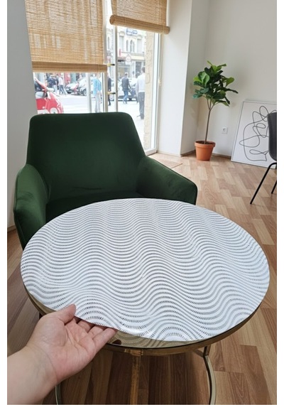 Dekoratif Yuvarlak Beyaz Sehpa Masa Örtüsü Pvc, Dantel Desen, Paralel Çizgili