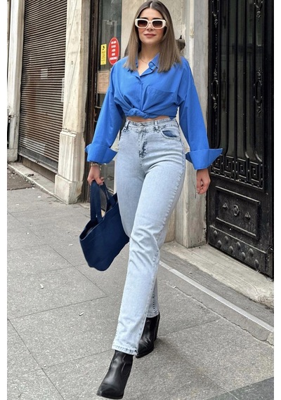 WeShaya Kadın Açık Mavi Yüksek Bel, Rahat Kesim, Boru Paça, Skinny Kot Pantolon - Jeans Açık Mavi