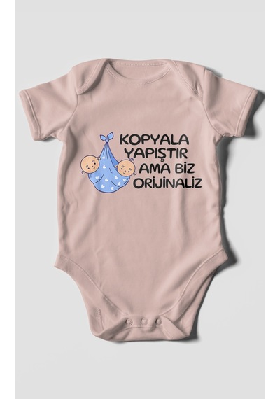 Morivokids Kopyala Yapıştır, Ama Yazılı Kısa Kollu Bebek Body %100 Pamuk Pastel Pembe