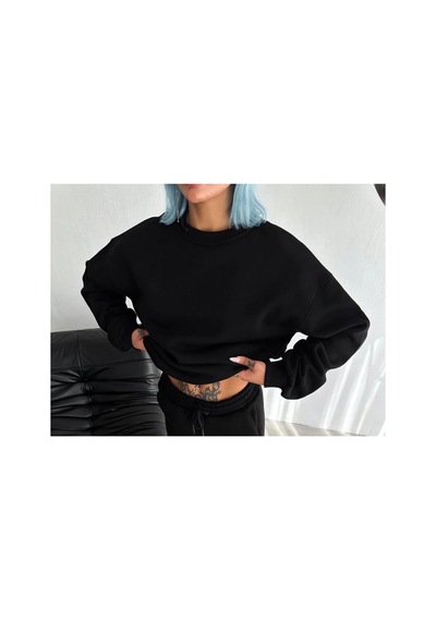 Kadın Bisiklet Yaka 3 İplik Pamuklu Basic Sweatshirt - Siyah