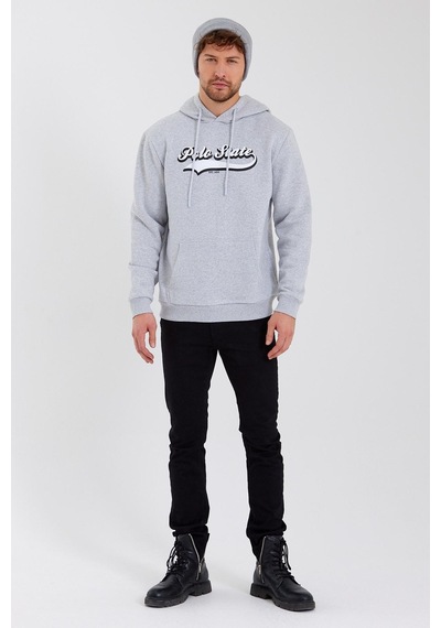 Polostate Erkek 3 İplik Pamuklu İçi Polarlı Baskılı Regular Fit Kapüşonlu Kanguru Cepli Gri Sweatshirt Gri